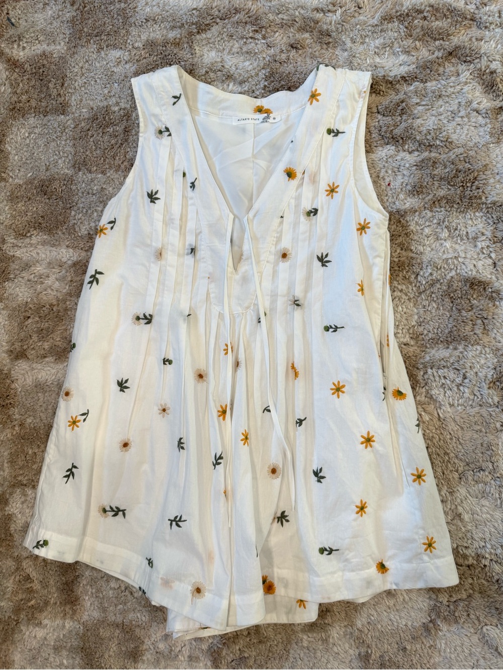 Altar'd State White Sleeveless V-Neck Romper with Yellow Floral Embroidery